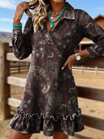 Vintage Paisley Art Print Casual Lapel Ruffled Denim Dress