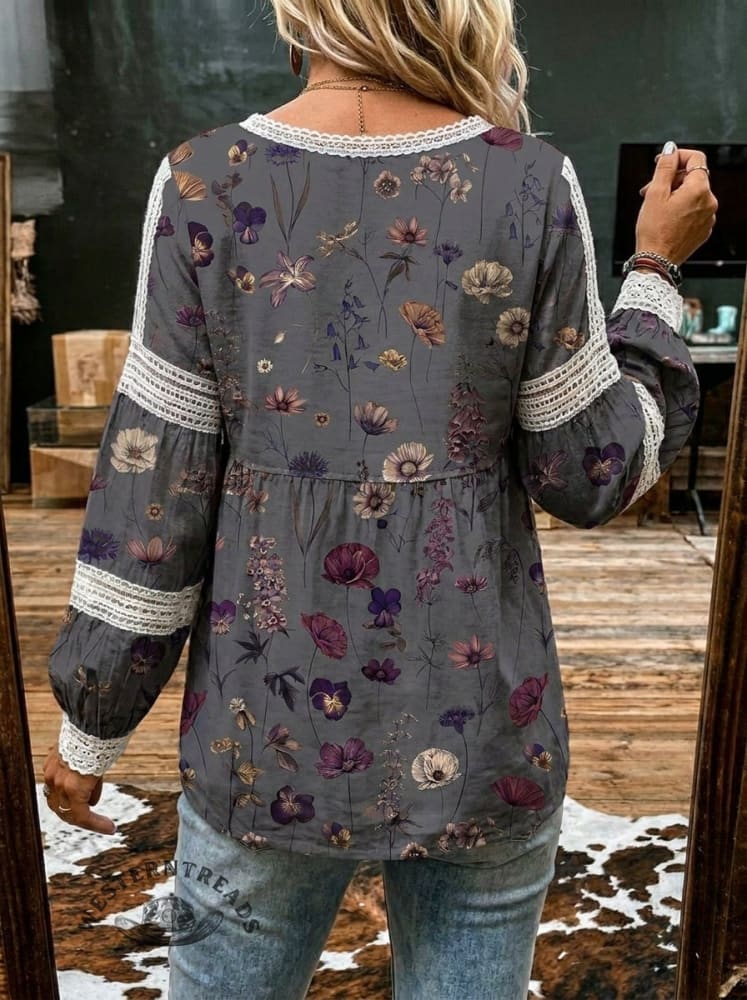 Women's Retro Floral Print Casual Lace Patchwork Shirt