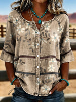 Women's Vintage Floral Print Casual Hollow-Out Denim Shirt