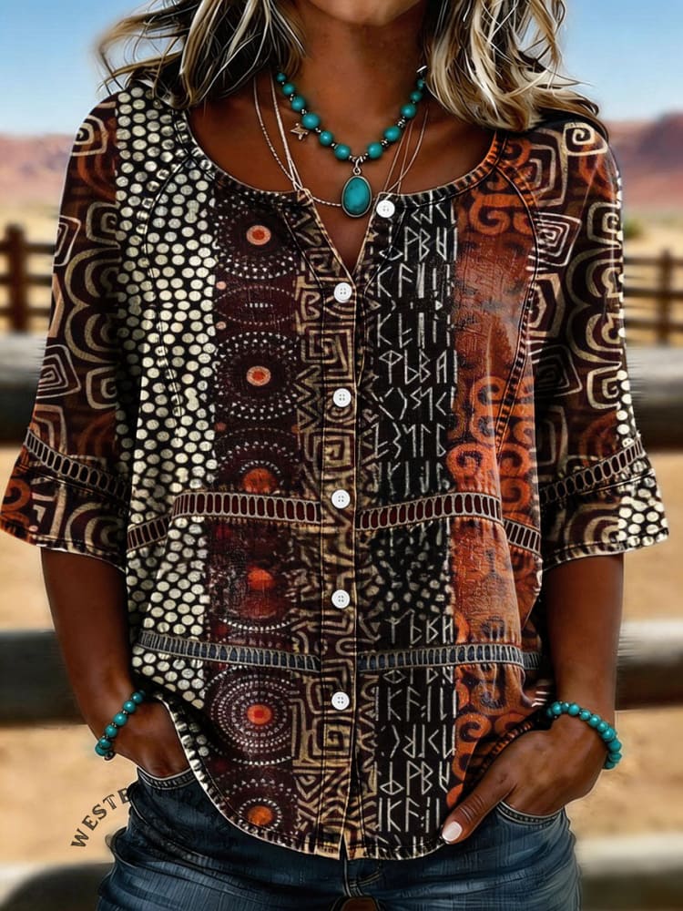 Vintage Abstract Art Print Casual 3/4 Sleeves Hollow Denim Shirt