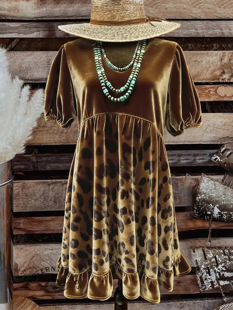 Women's Leopard Print Casual Short Sleeve Velvet Dress