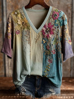 Women's Vintage Floral Print Casual V-Neck T-Shirt