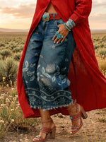 Women's Vintage Floral Print Casual Denim Wide Leg Pants