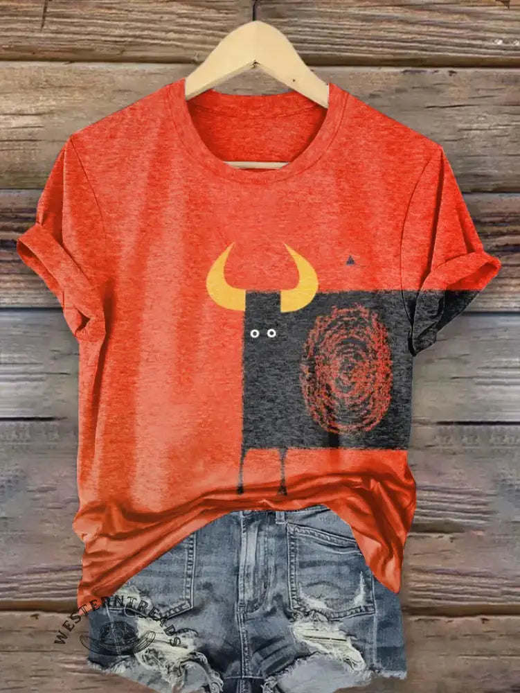 Vintage Funny Cow Western Art Print T-shirt