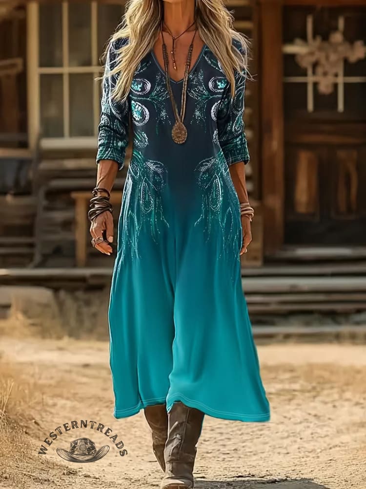 Vintage Western Style Printed Long Sleeved Dress