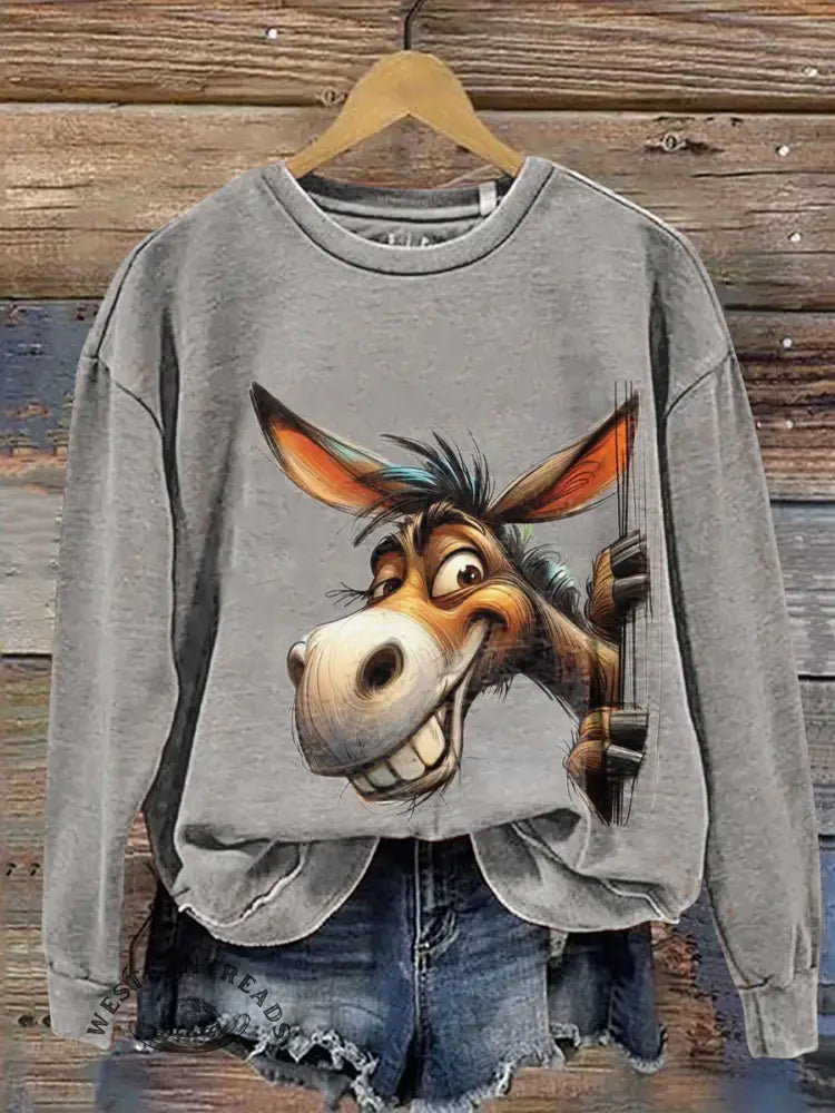 Vintage Donkey Art Prints Casual Cotton Sweatshirt