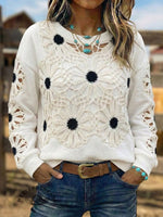 Vintage Western Art Soft Casual Crocheted Flowers Sweatshirt