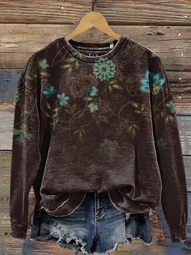 Vintage Flowers Print Casual Cotton Sweatshirt