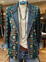 Aztec Art Print Patchwork Denim Sweater Cardigan Coat