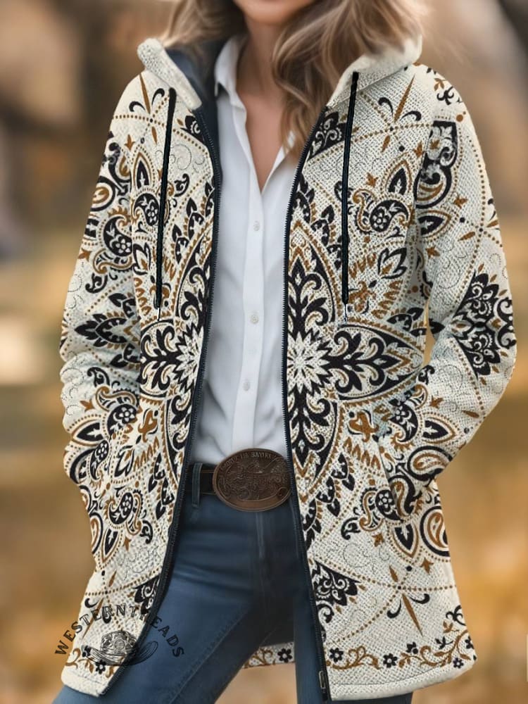 Vintage Print Unisex Plush Thick Long-sleeved Cardigan Coat