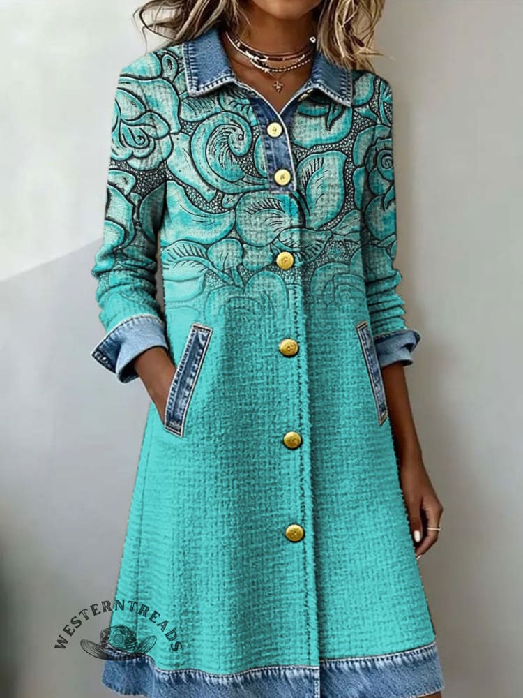 Women's Art Print Casual Denim Patchwork Dress