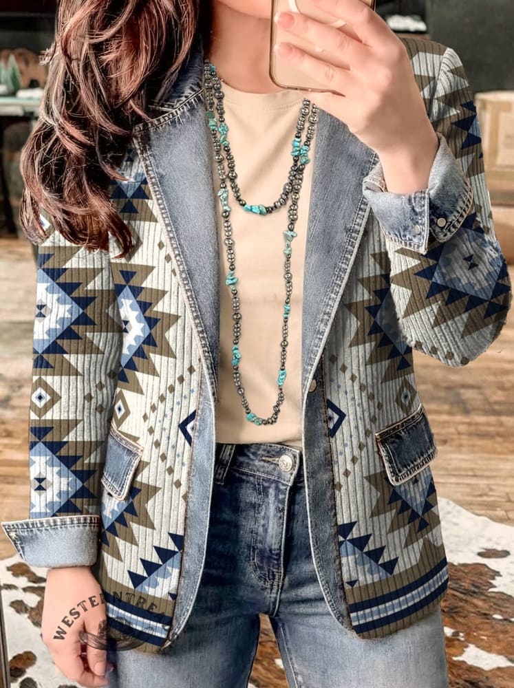 Aztec Print Patchwork Denim Sweater
