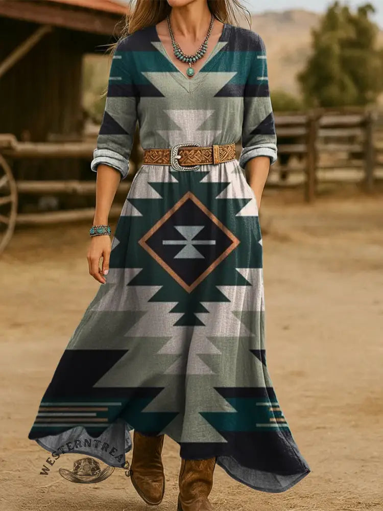 Women's Vintage Aztec Print Cotton Pocket Dress