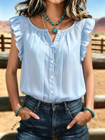 Women's Vintage Flutter sleeves Patchwork Chiffon Casual Shirt