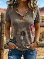Vintage Floral Print Western Contrast Henley Neck T-shirt