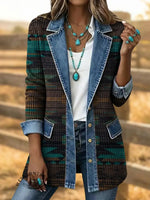 Retro Southwestern Art Print Patchwork Denim Sweater Cardigan Coat