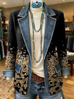 Leopard Print Patchwork Denim Sweater Cardigan Coat