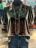 Women's Retro Floral Print Short Sleeve Velvet Shirt