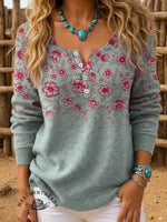 Floral Art Print Buttoned Cardigan Sweater