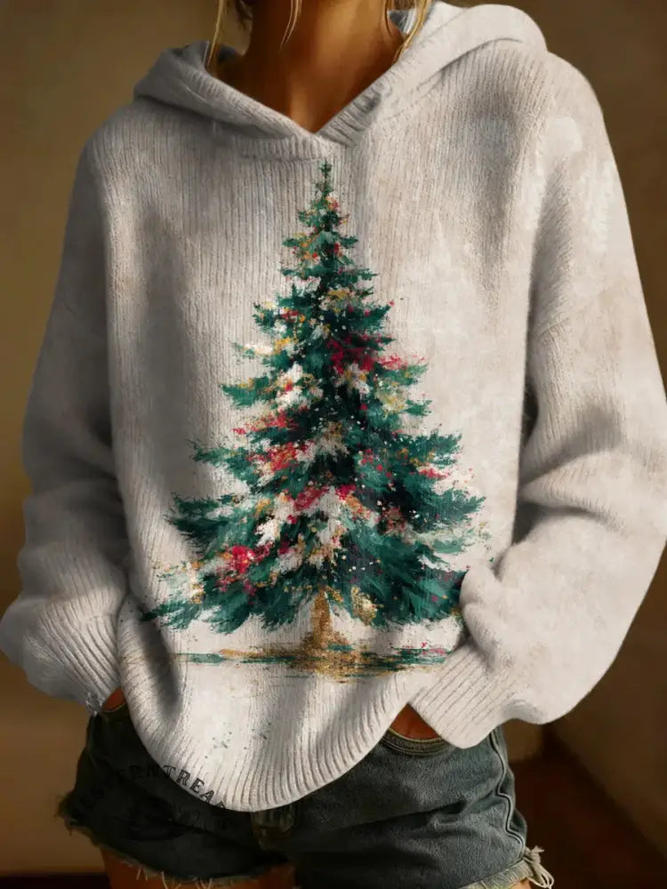 Vintage Christmas Print Casual Knitted Hoodie Sweater