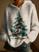 Vintage Christmas Print Casual Knitted Hoodie Sweater