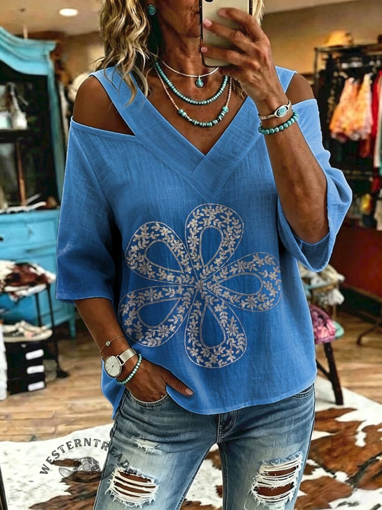 Women's Vintage Flowers Print Off-shoulder Patchwork Casual Shirt