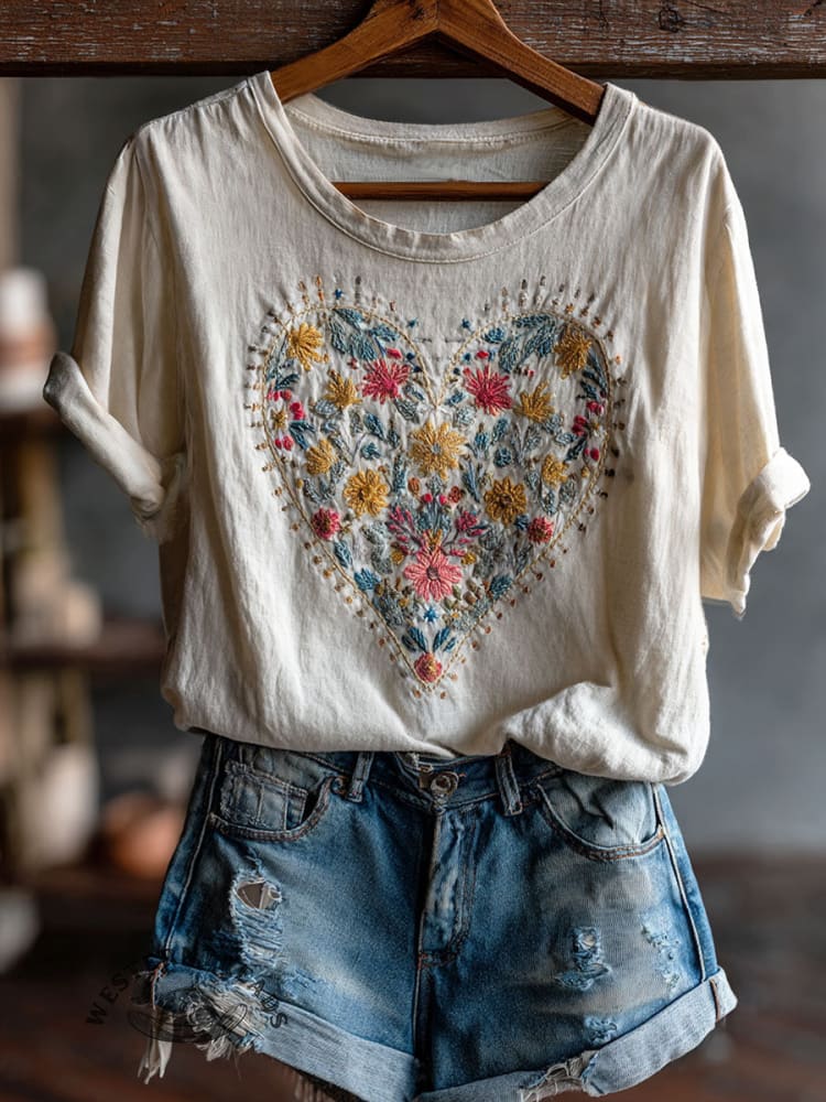 Heart Art Print Casual Short Sleeve T-shirt