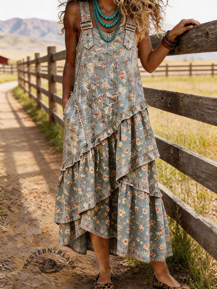 Vintage Floral Print Sleeveless Multi-layered Ruffled Strap Dress