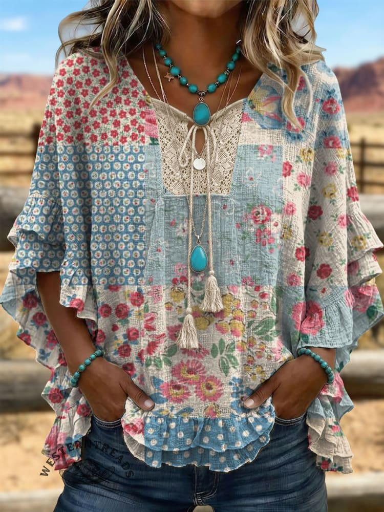 Vintage ArtPatchwork Hollow Design Cotton And Linen Shirt