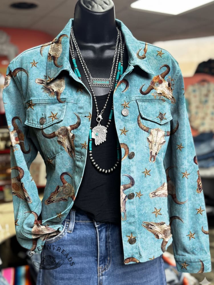 Women's Vintage Western Print Casual Denim Jacket