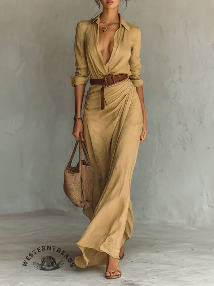 Long Sleeve Half Button Turndown Collar Ruched Belt Maxi Dresses