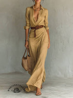 Long Sleeve Half Button Turndown Collar Ruched Belt Maxi Dresses