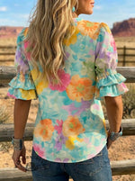 Women's Retro Floral Art Puff Sleeve Casual Shirt
