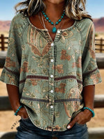 Women's Vintage Floral Print Casual Hollow-Out Denim Shirt