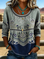 Women's Vintage Floral Print Casual Hollow Denim Shirt