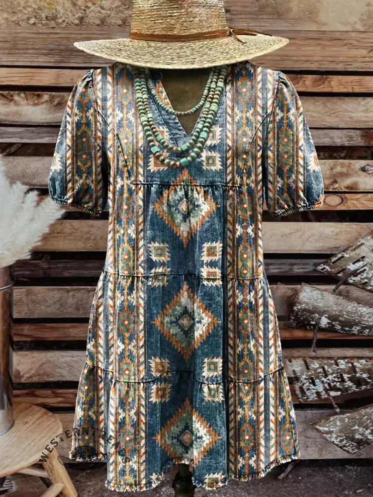 Vintage Aztec Art Contrast WesternMidi Dress
