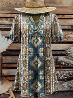 Vintage Aztec Art Contrast WesternMidi Dress