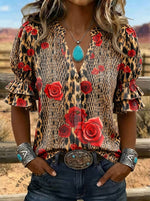 Women's Floral Cow Print Puff Sleeve Casual Shirt