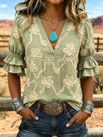 Women's Vintage Art Print Puff Sleeve Casual Shirt