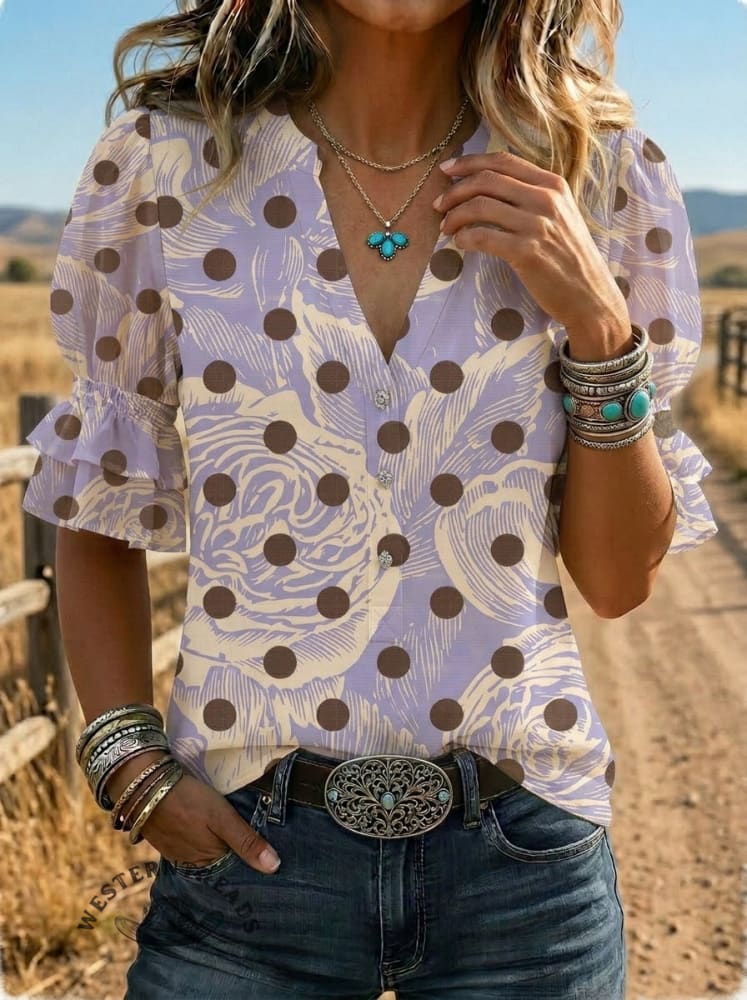 Women's Retro Polka Dot Floral Puff Sleeve Casual Shirt
