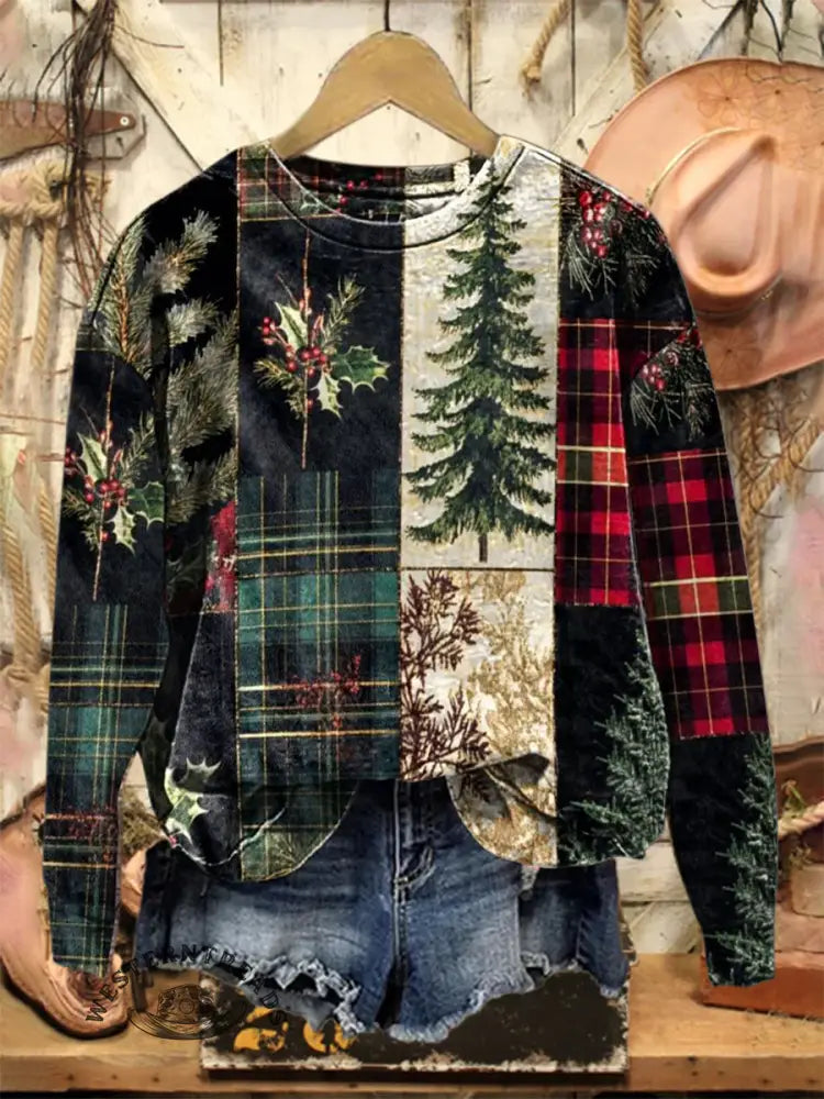 Vintage Christmas Checkered Print Casual Cotton Sweatshirt