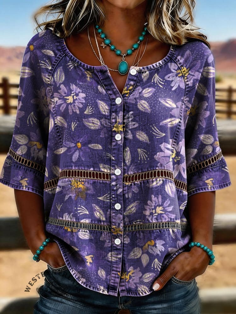 Women's Vintage Floral Print Casual Hollow-Out Denim Shirt