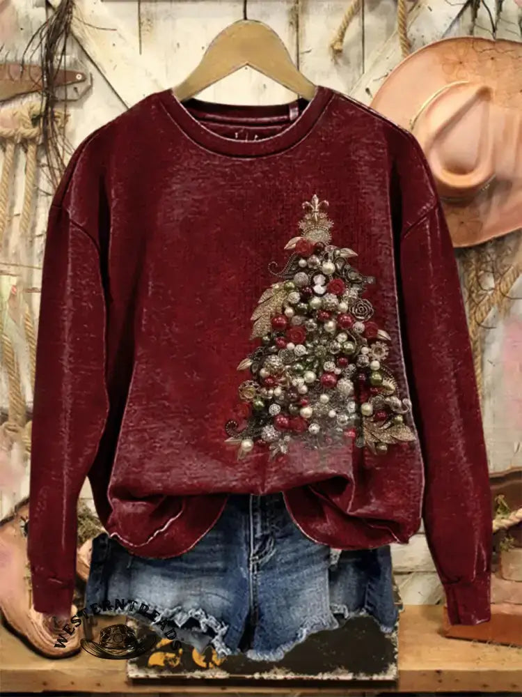 Vintage Christmas Tree Print Casual Cotton Sweatshirt