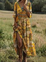 Vintage Floral Print Casual V-Neck 3/4 Sleeve Hollow Dress