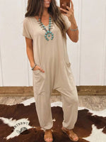 Women's Casual Jumpsuits V Neck Half Sleeve Long Rompers