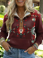 Aztec Print Casual Half-zip Cotton Sweatshirt