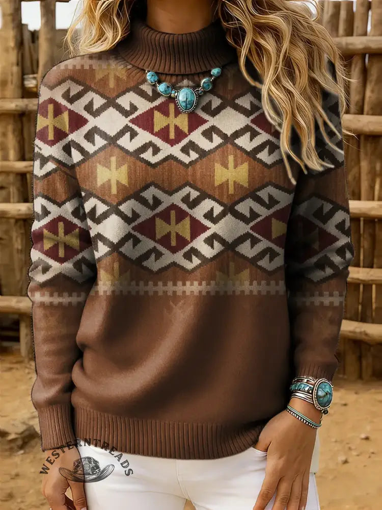 Women's Vintage Aztec Print Casual Turtleneck Sweater