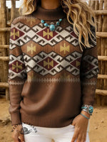 Women's Vintage Aztec Print Casual Turtleneck Sweater