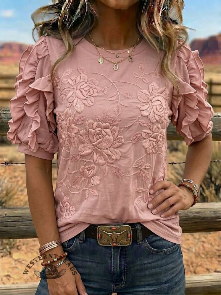 Women's Vintage Floral Print Casual Ruffle Sleeve Top