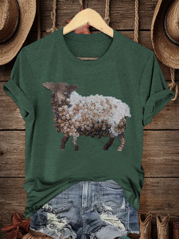 Retro Western Sheep Art Print Casual T-shirt